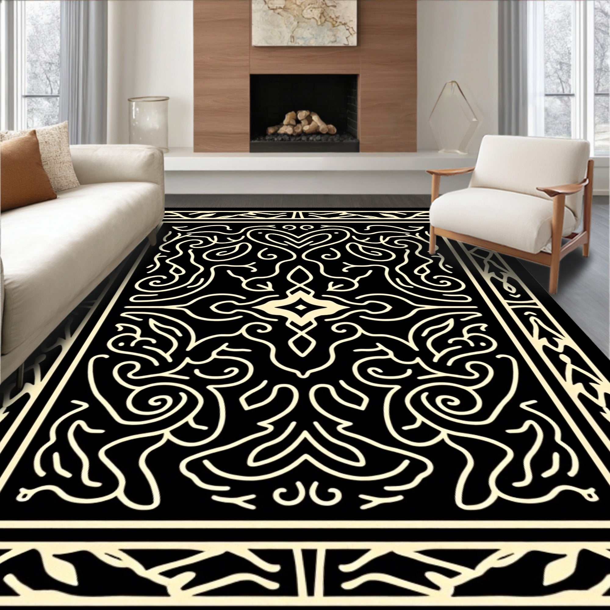 Ornate Black and White Swirl Pattern Rug