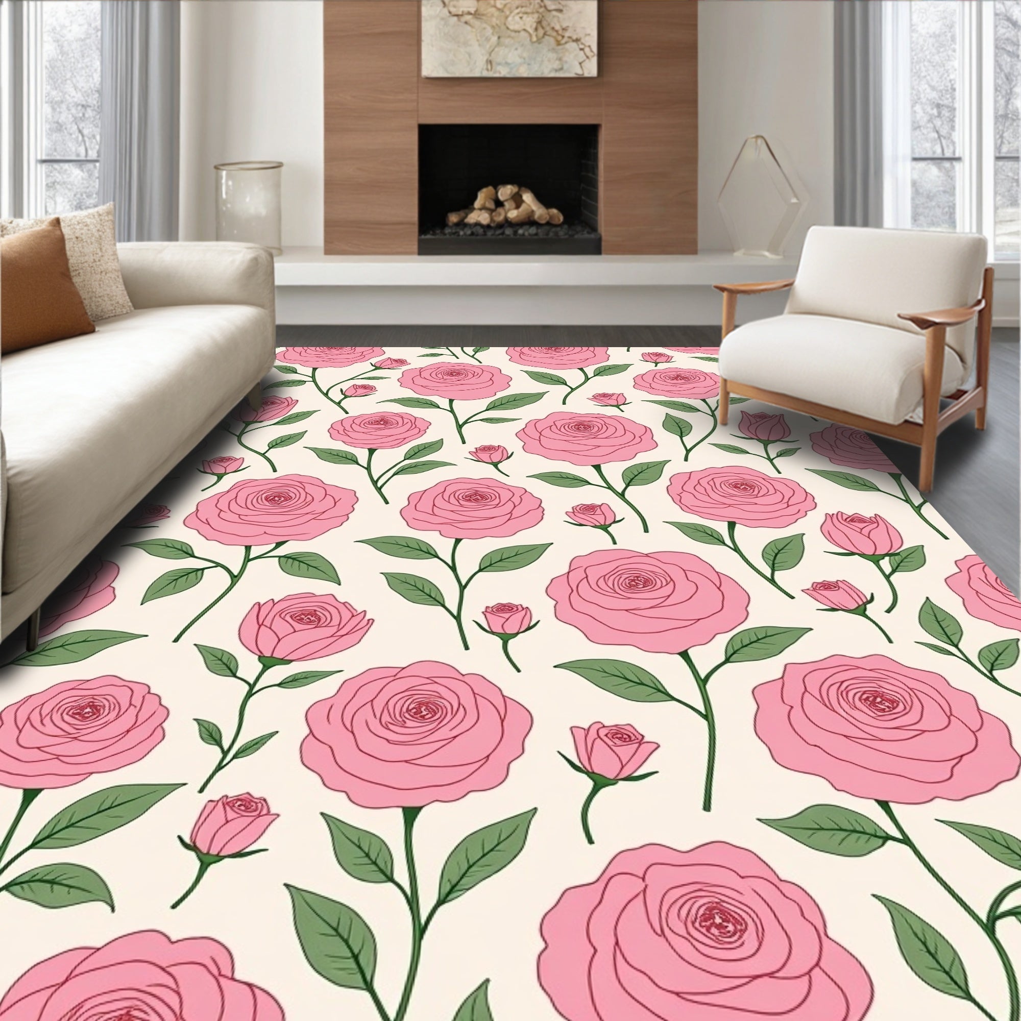 Pink Rose Stem Botanical Pattern Rug