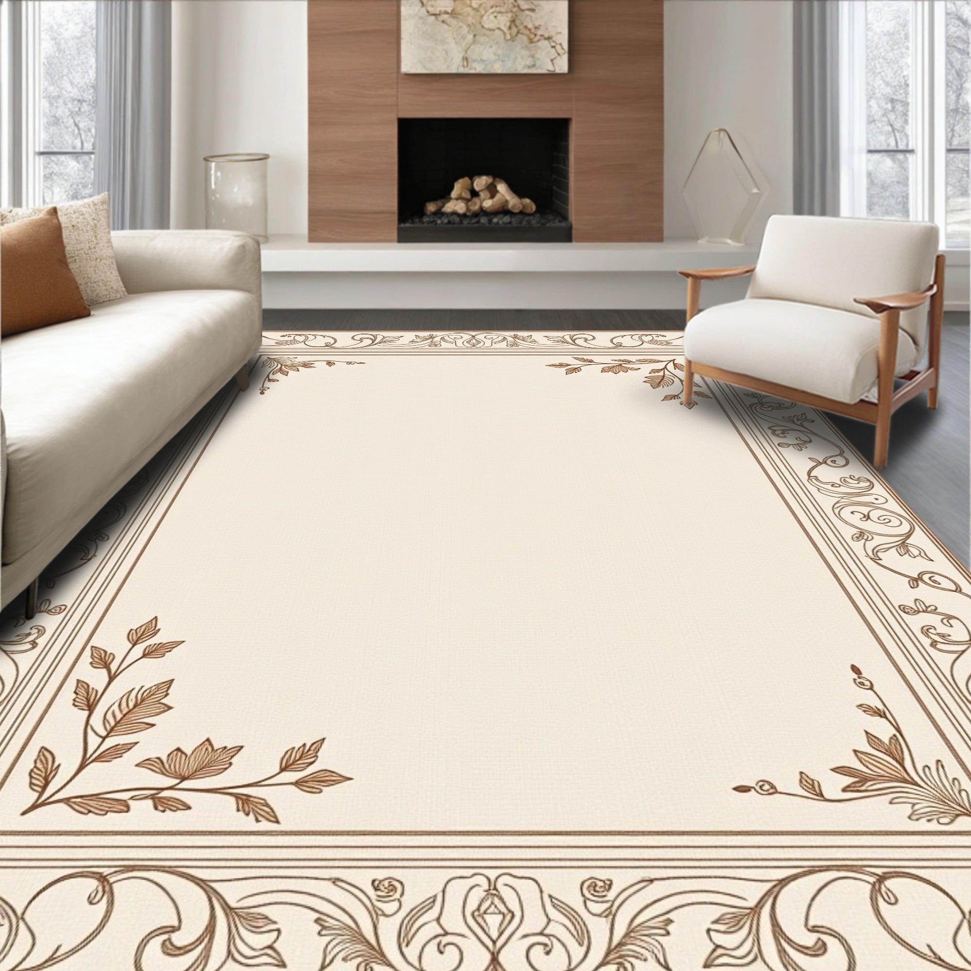 Ornate Floral Border Cream Rug