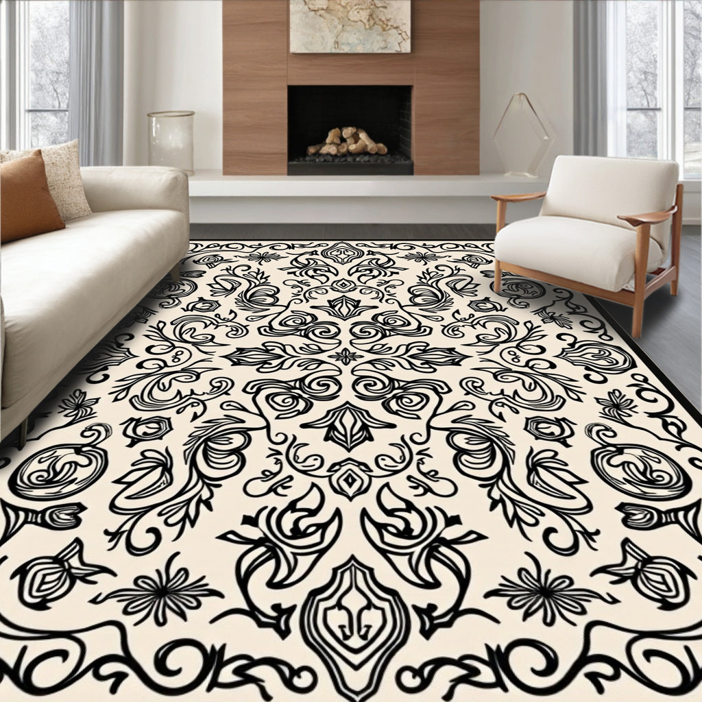 Ornate Black Floral Scroll Pattern Rug