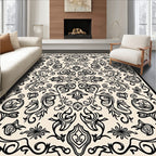 Ornate Black Floral Scroll Pattern Rug