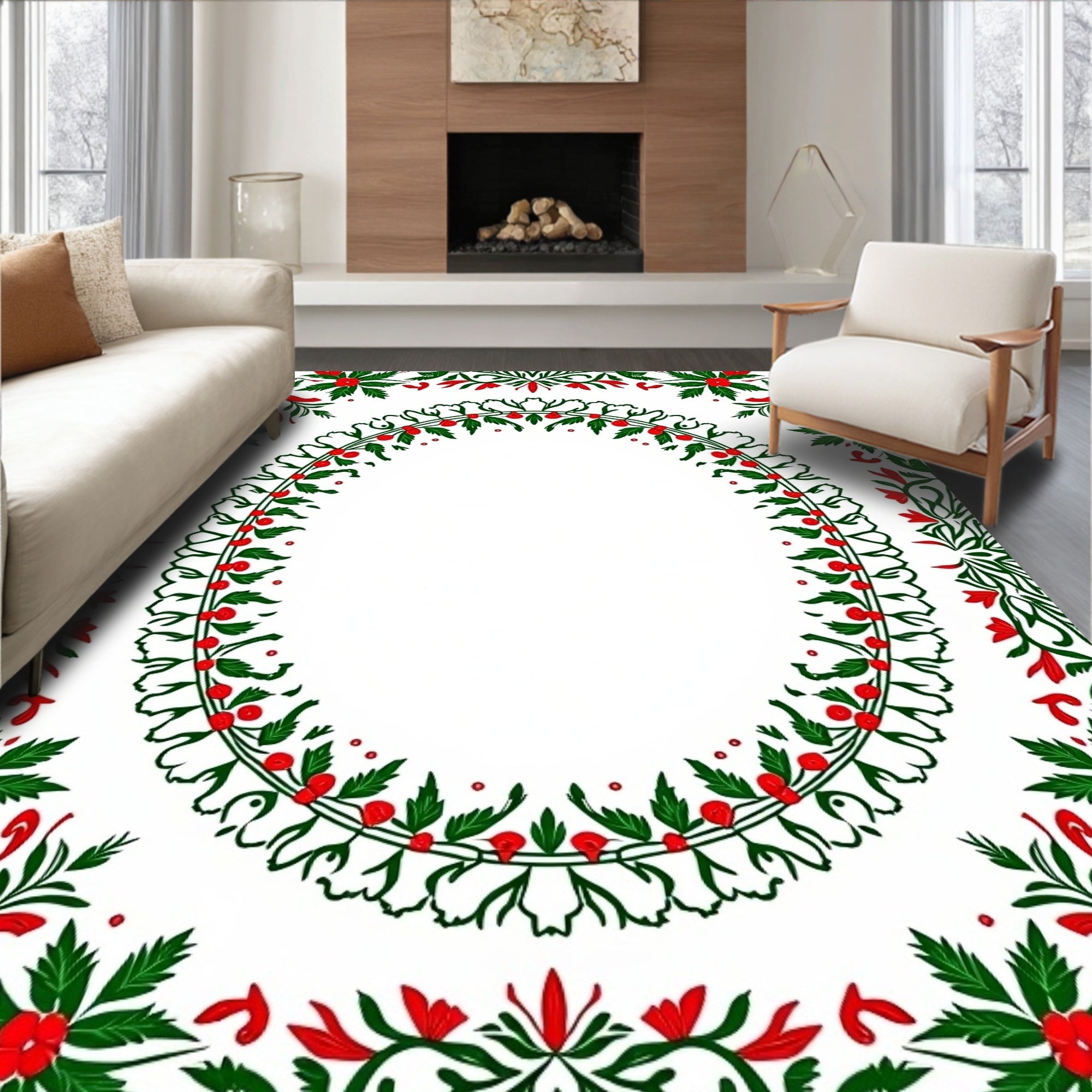 Crimson Holly Leaf Garland Frame Rug