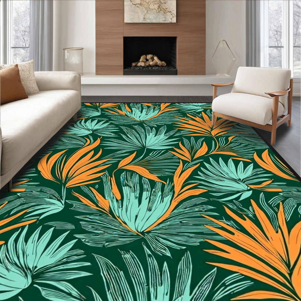 Tropical Orange Aqua Leaf Medley Rug