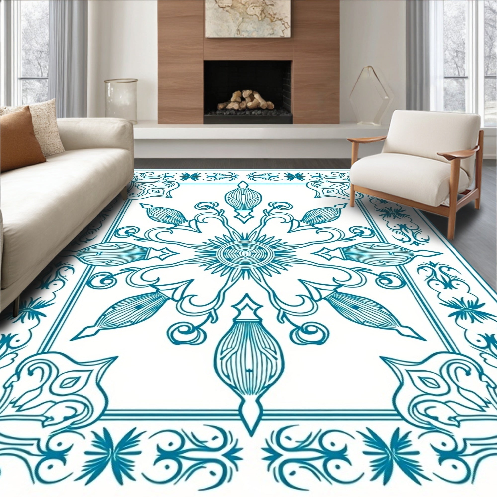 Teal Intricate Floral Sunburst Design Rug