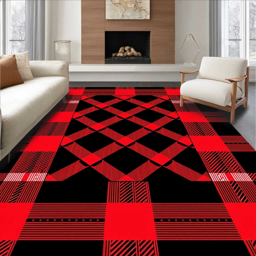 Bold Red Plaid Diamond Pattern Rug