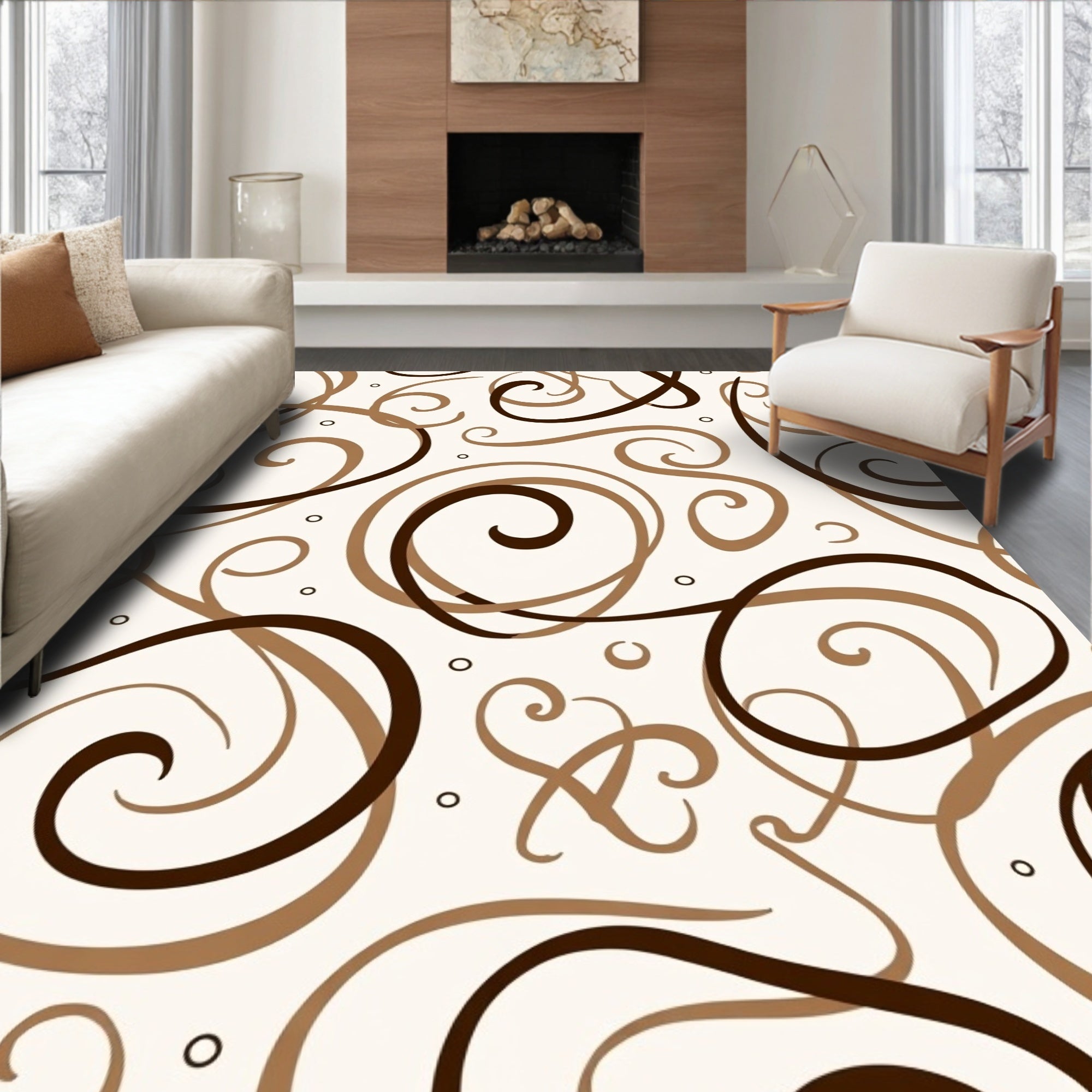 Rich Brown Swirls Dots Pattern Rug