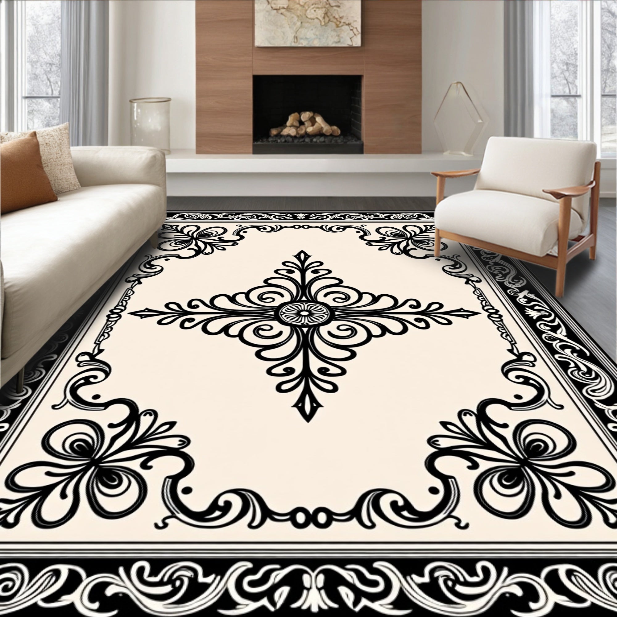 Ornate Black Floral Swirl Pattern Rug