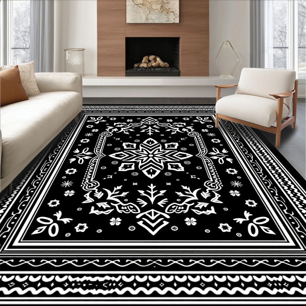 Black White Abstract Floral Mandala Rug