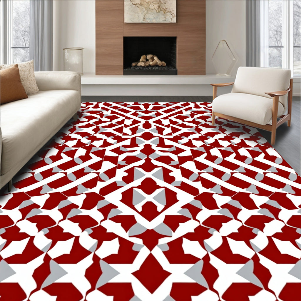 Red White Abstract Geometric Design Rug