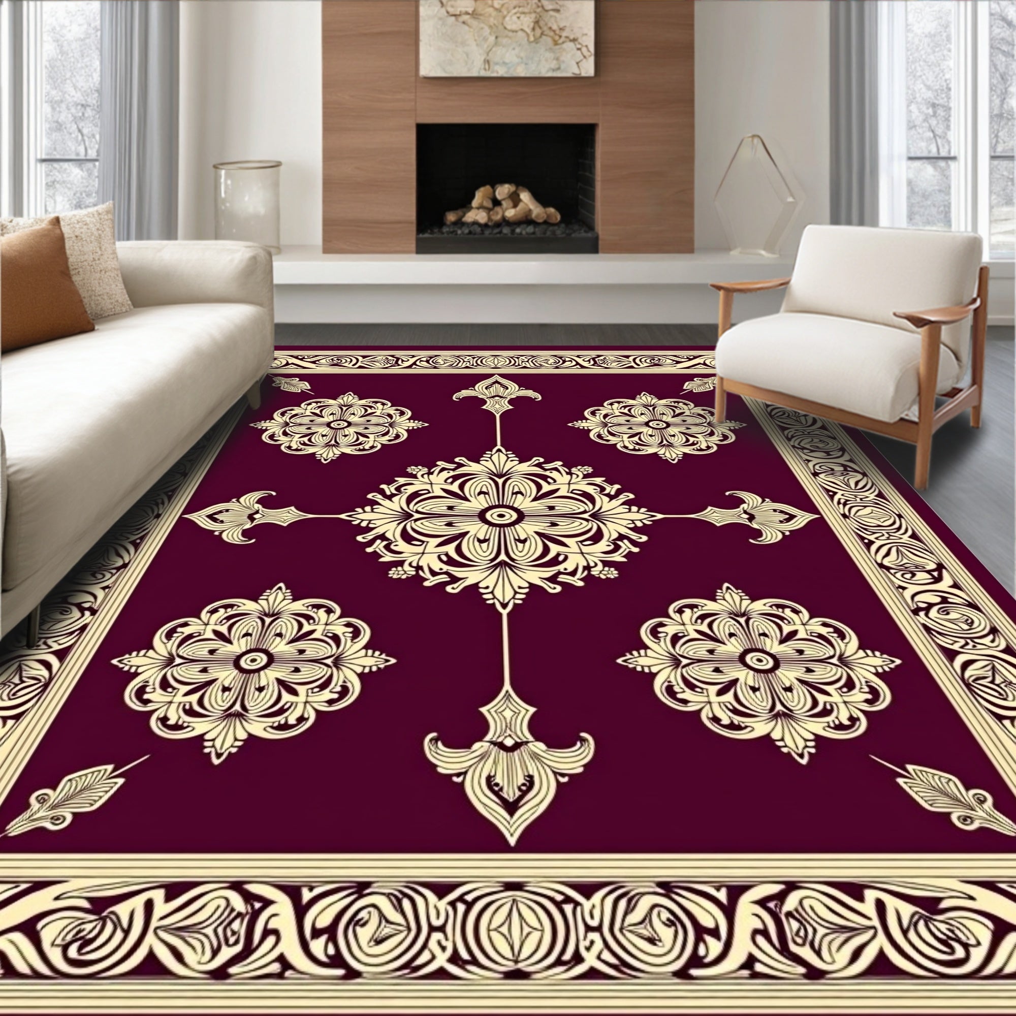 Ornate Floral Medallion Border Design Rug