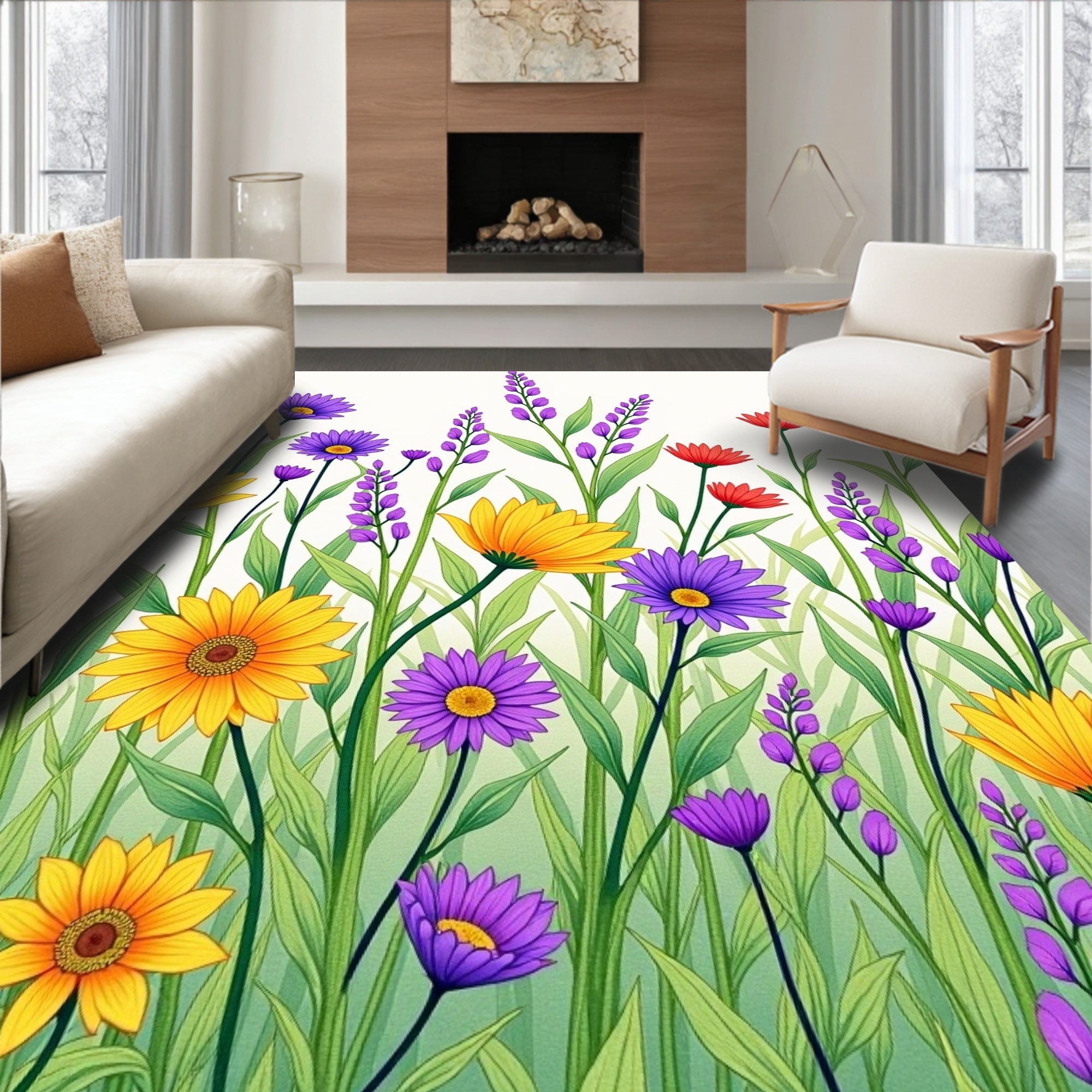 Floral Meadow With Purple Yellow Flowers Rug