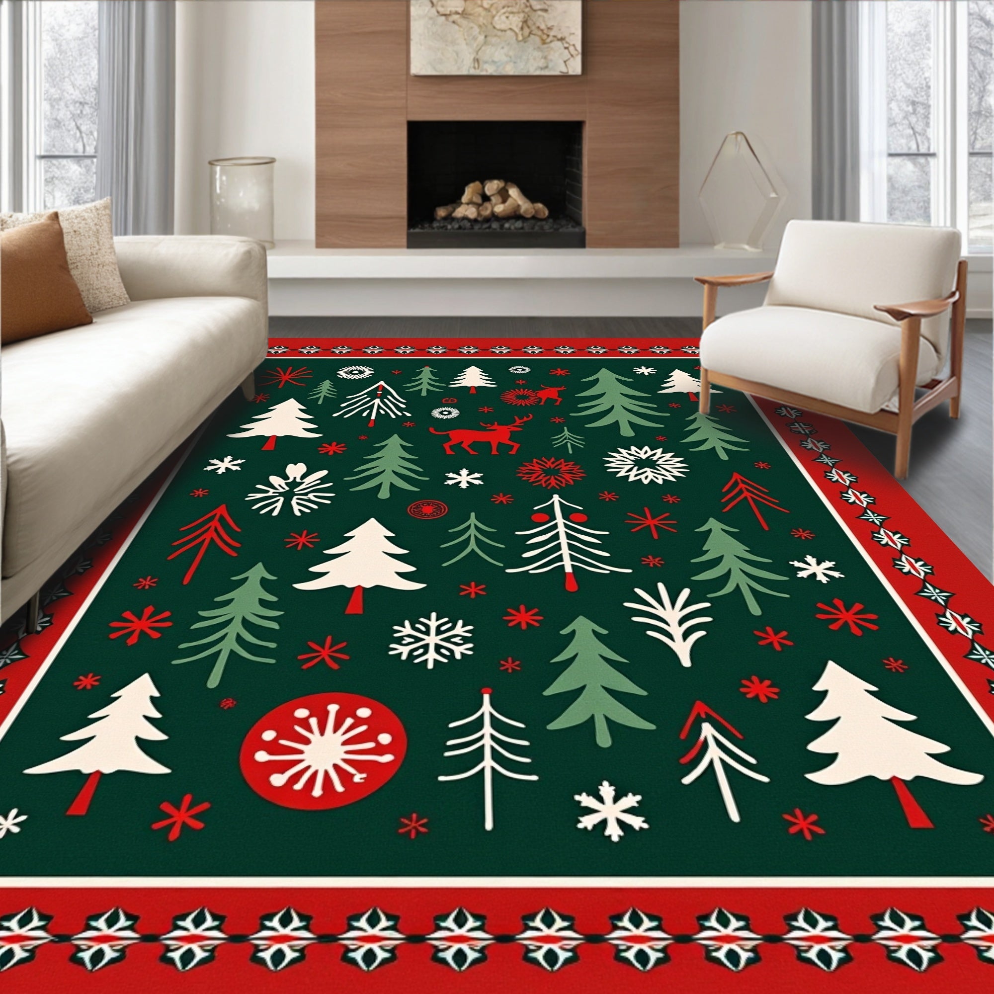 Festive Forest Tree Deer Pattern Rug