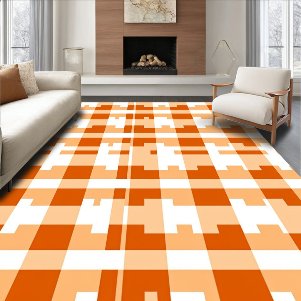 Modern Orange Geometric Check Pattern Rug