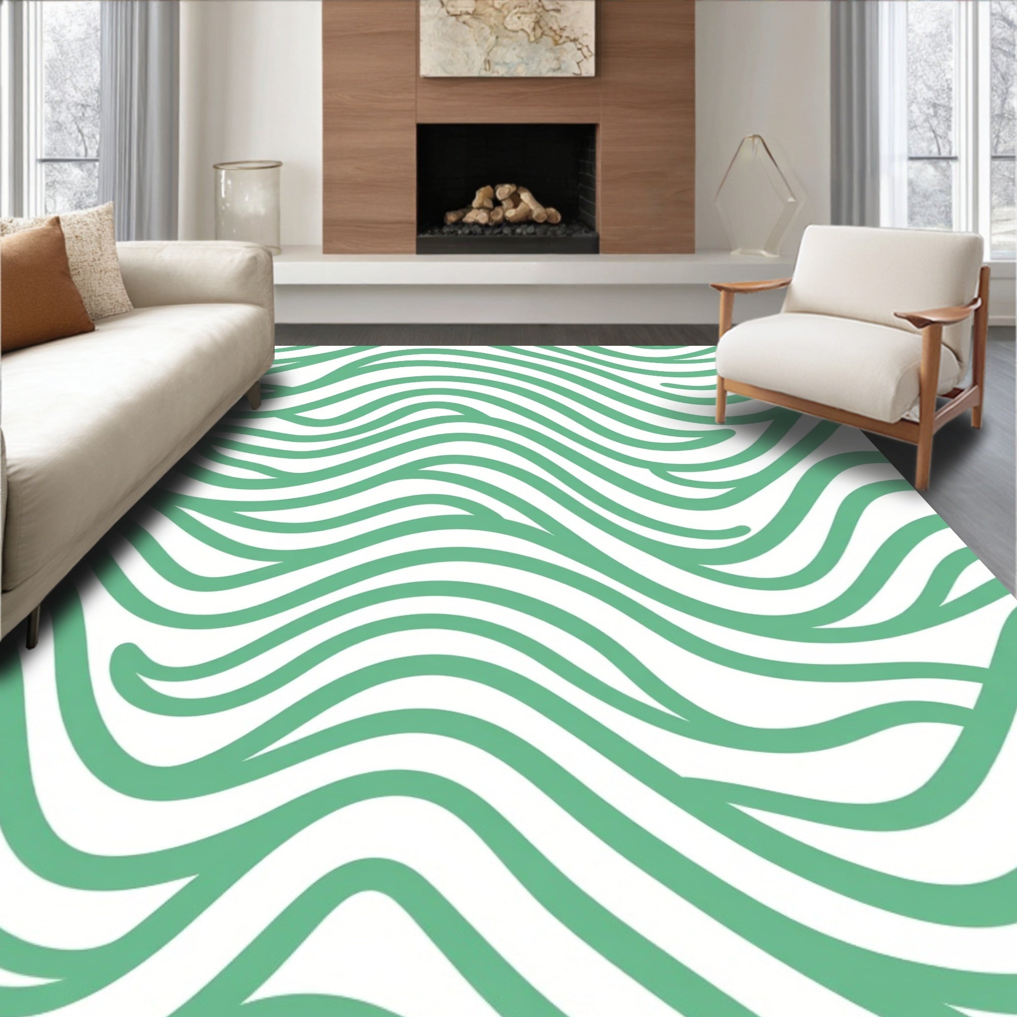 Mint Green Wavy Stripe Pattern Rug