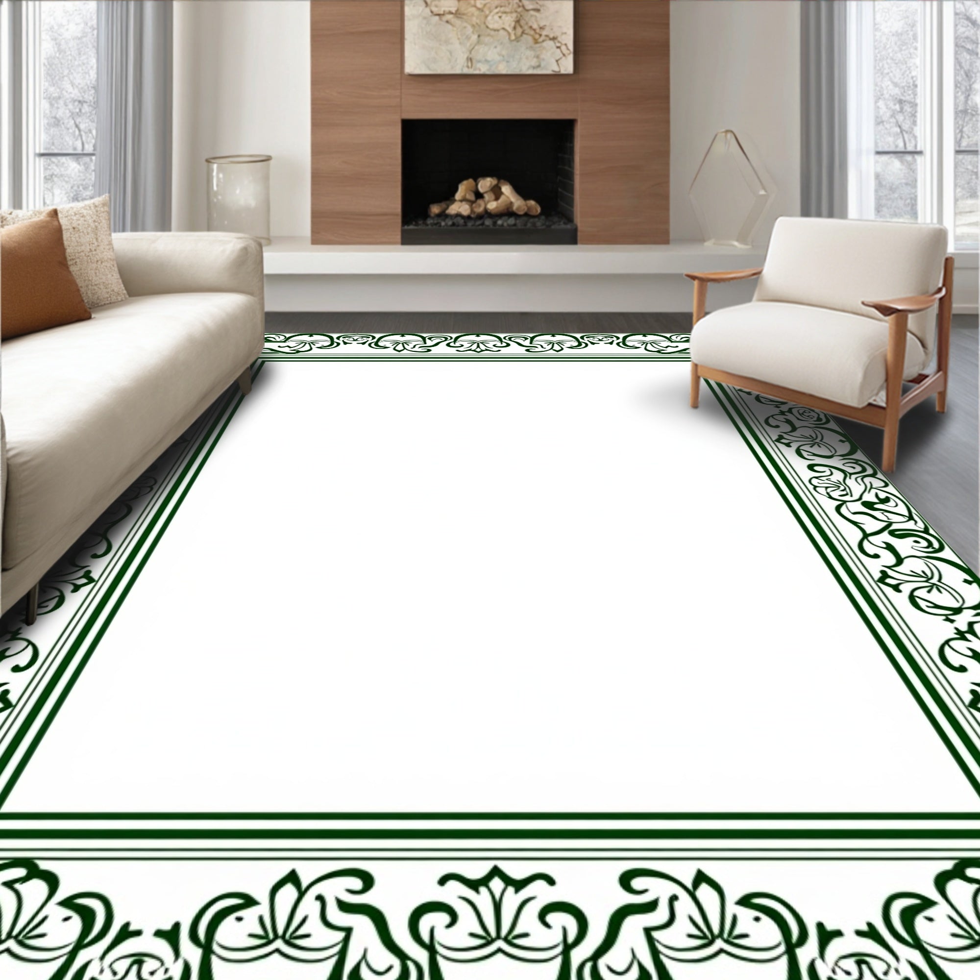 Dark Green Botanical Scroll Frame Rug