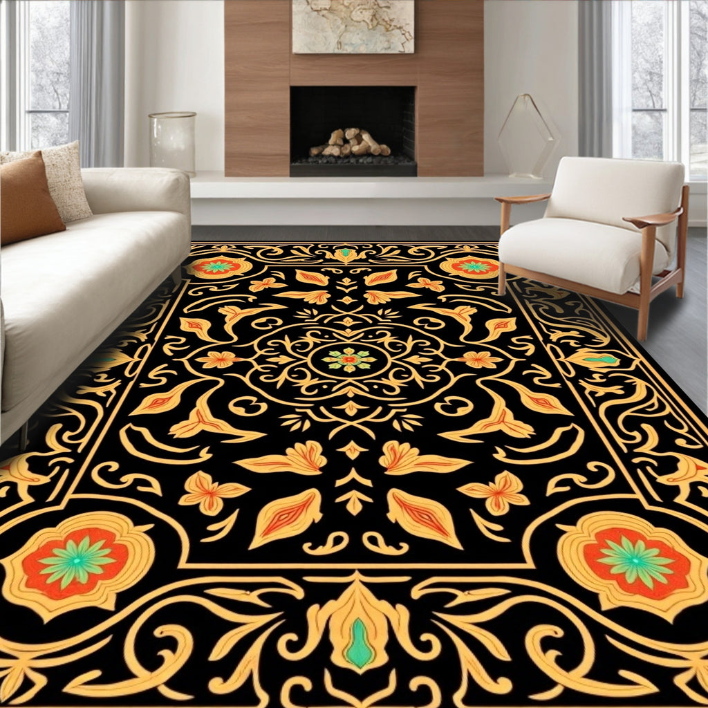 Ornate Floral Black Gold Rug