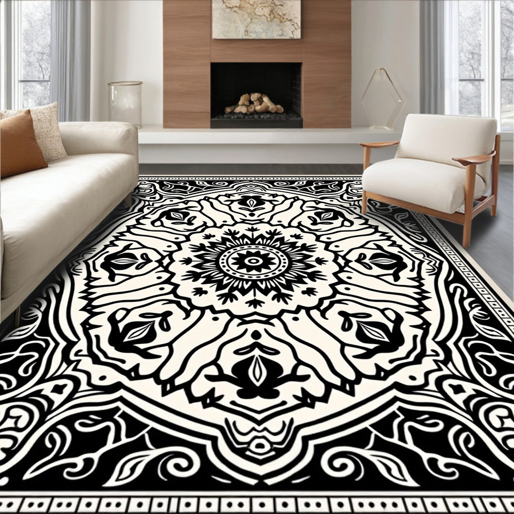 Intricate Black White Mandala Pattern Rug