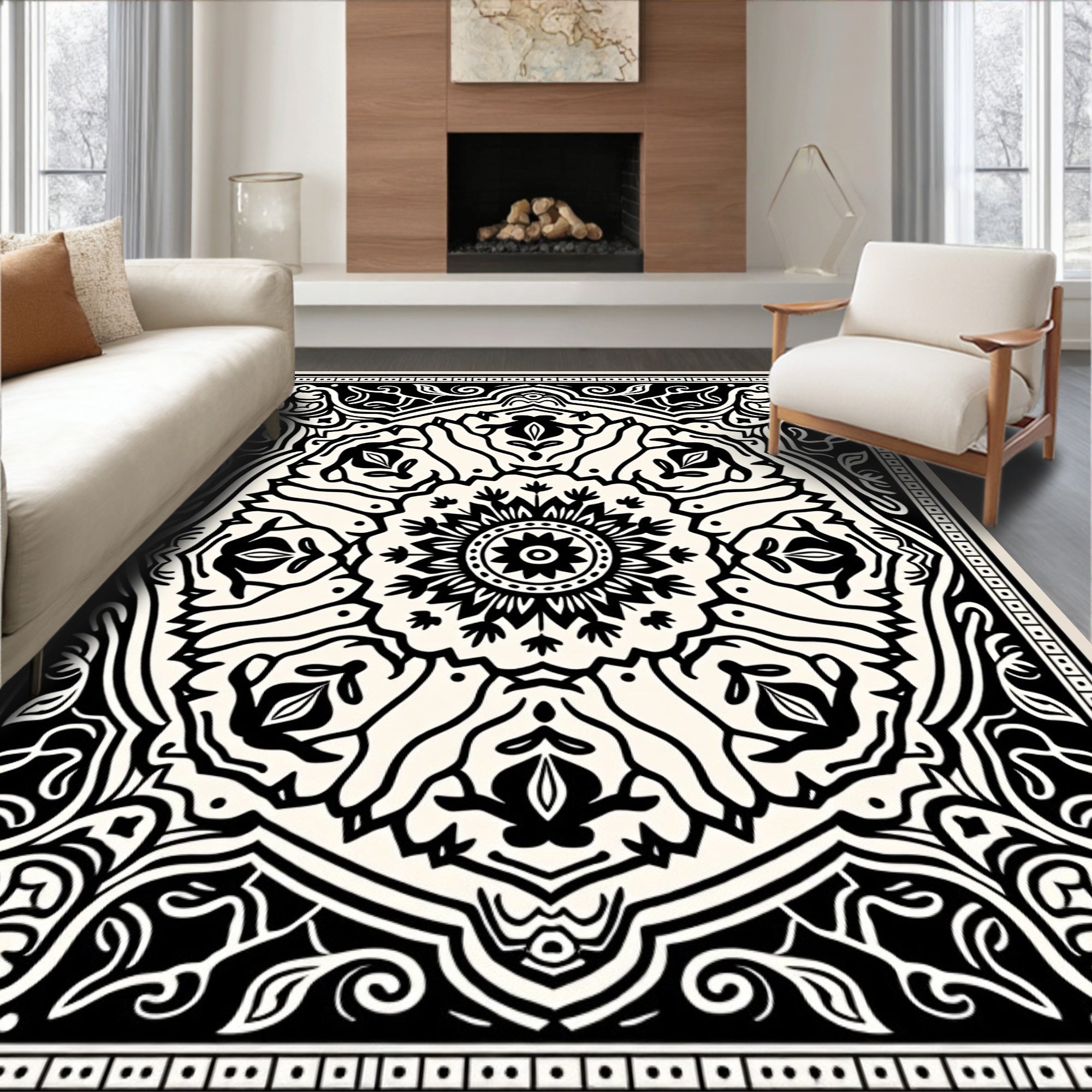 Intricate Black White Mandala Pattern Rug