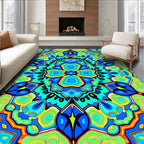 Vibrant Blue Green 4 Motif Pattern Rug
