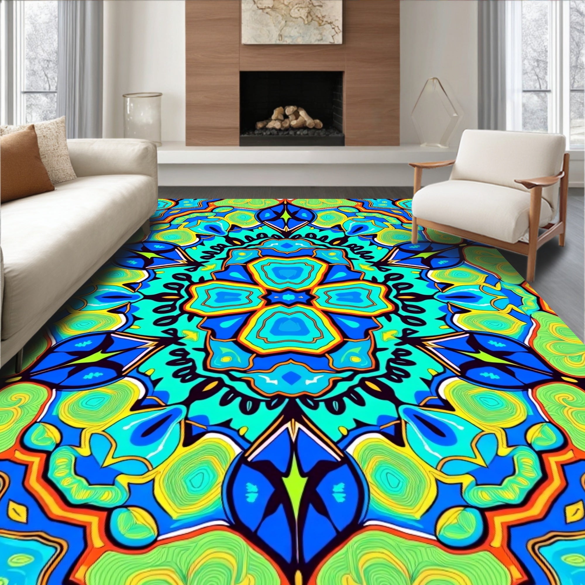 Vibrant Blue Green 4 Motif Pattern Rug