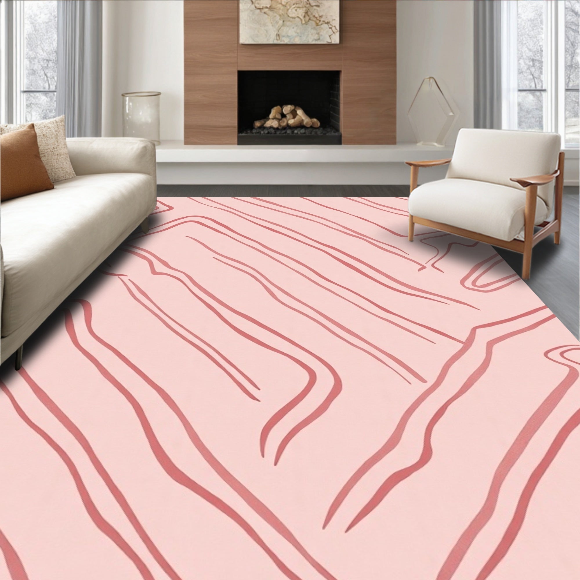 Soft Pink Abstract Wavy Lines Rug