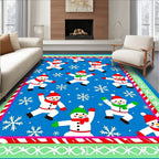 Joyful Snowmen Snowflake Winter Blue Background Rug