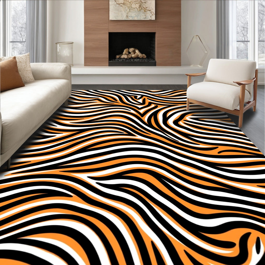 Orange Black White Wavy Stripes Rug