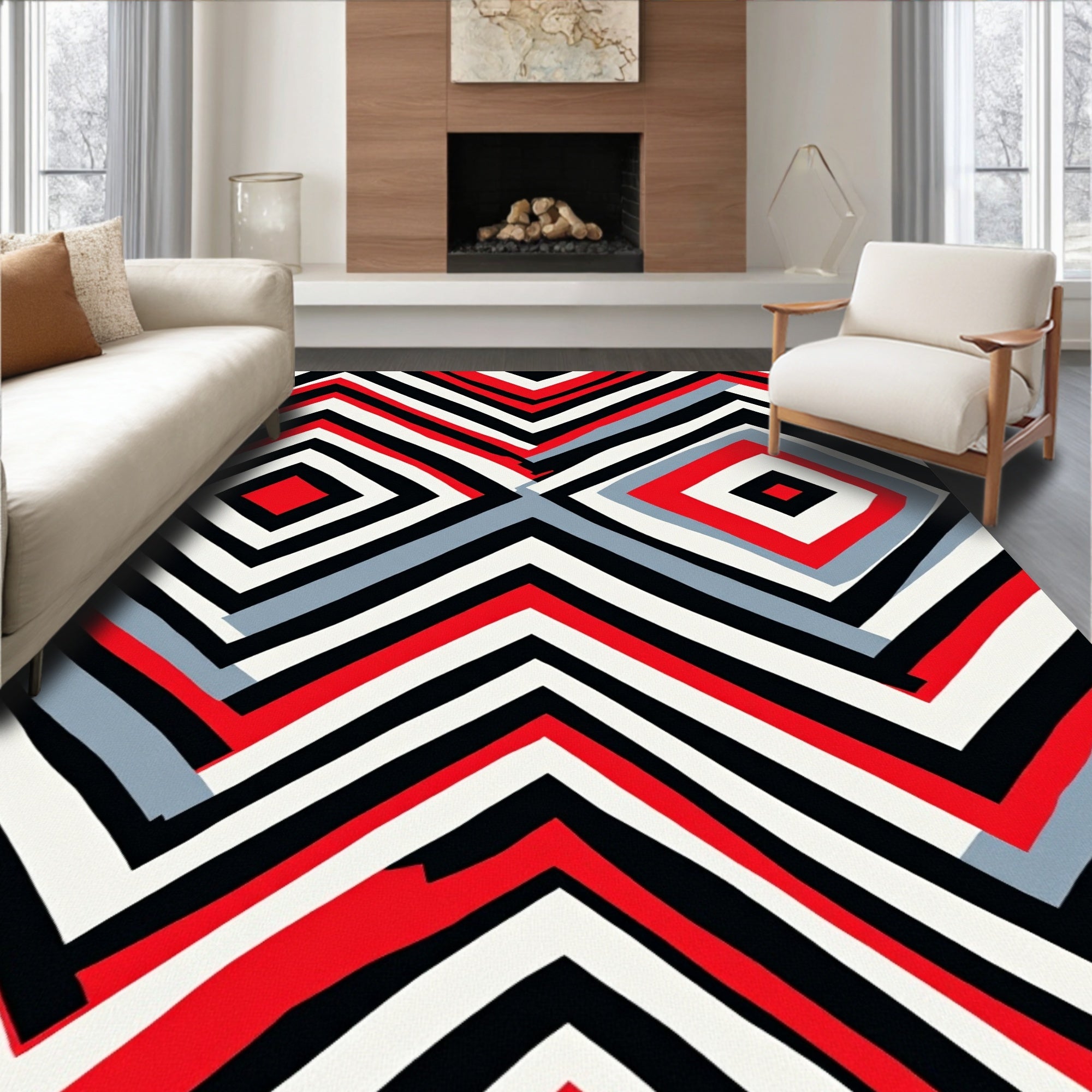 Bold Geometric Red Black White Rug