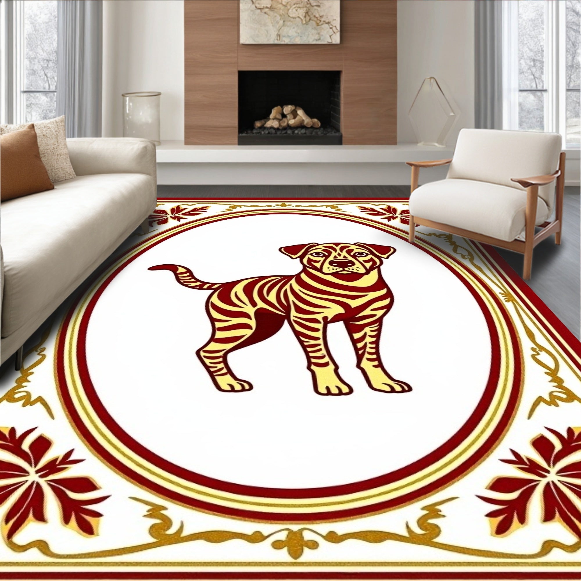Canine With Burgundy Gold Border Rug