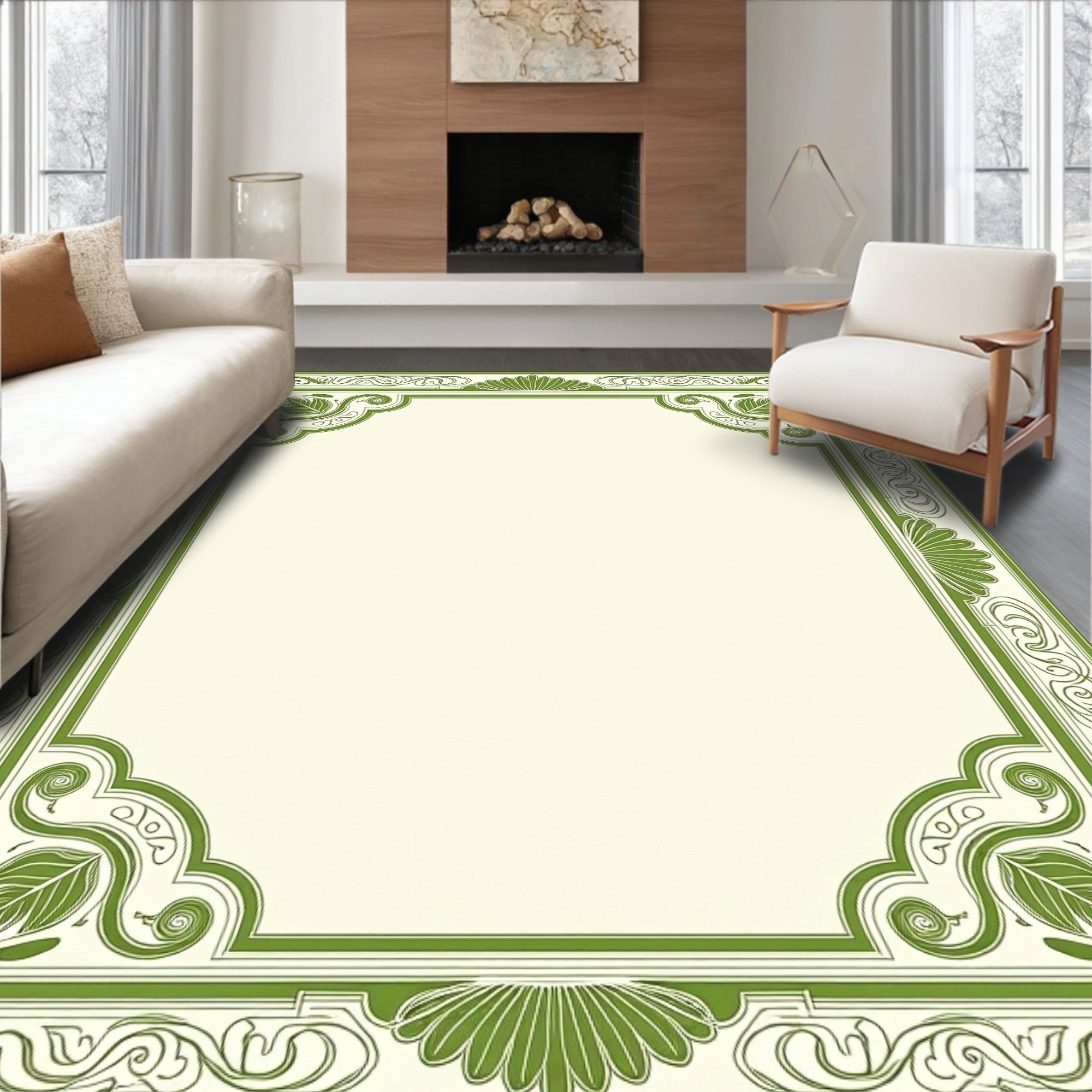Vintage Green Floral Scroll Frame Rug