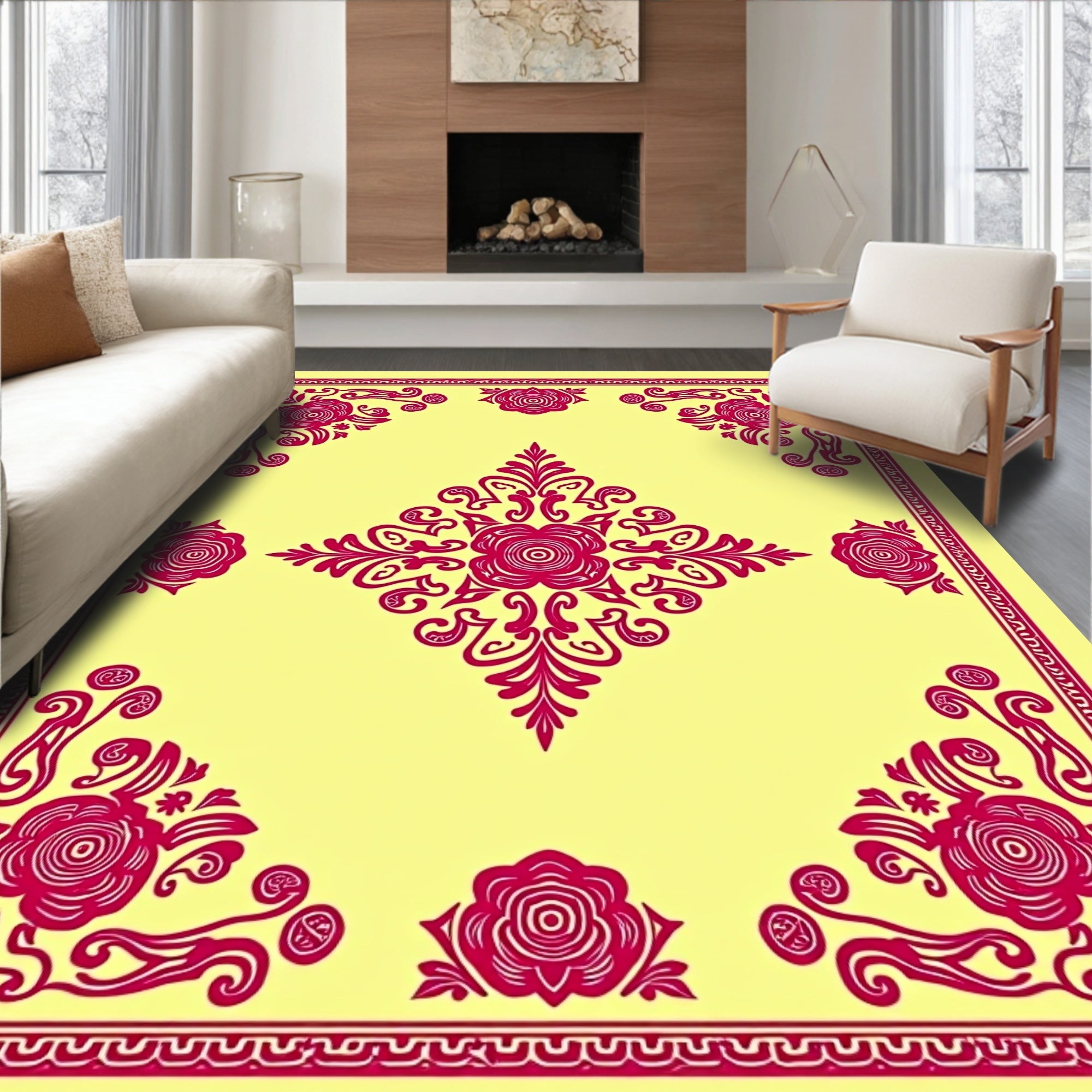 Fuchsia Rose And Scroll Pattern Design Rug