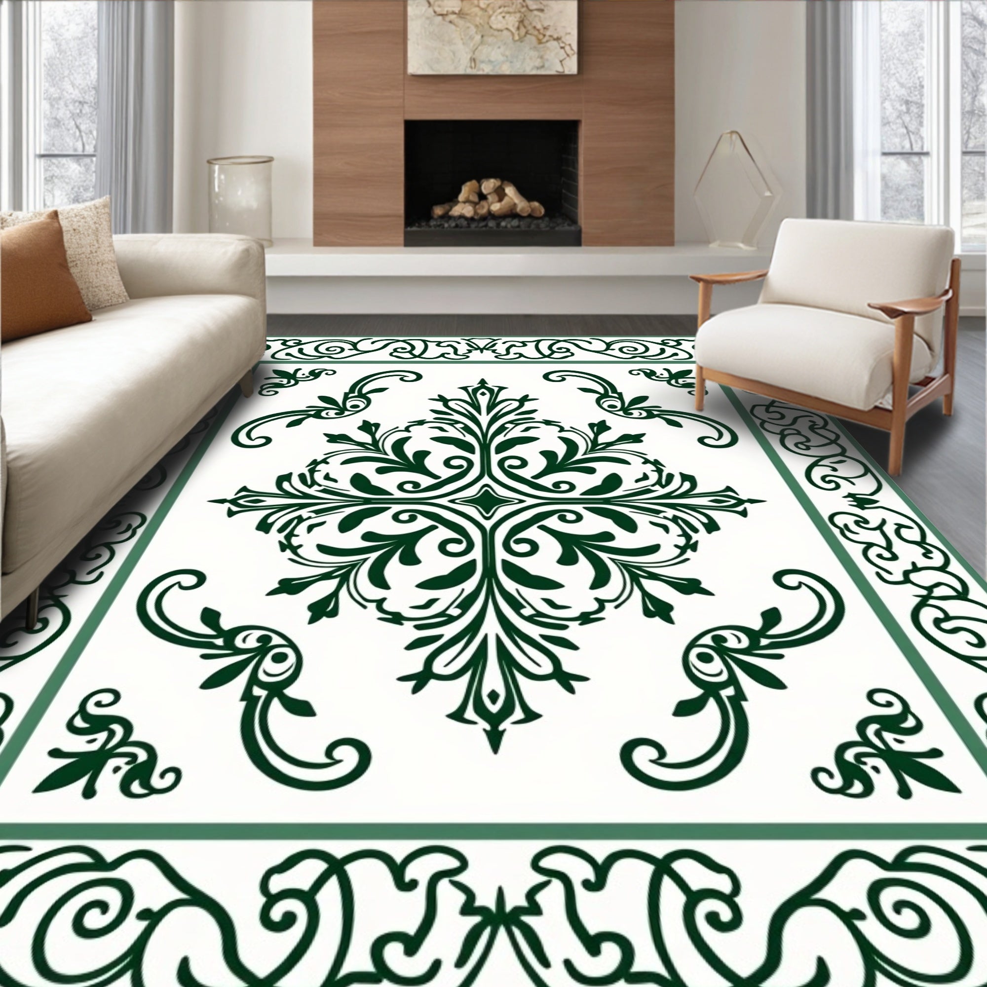 Elegant Green Floral Scroll Pattern Rug