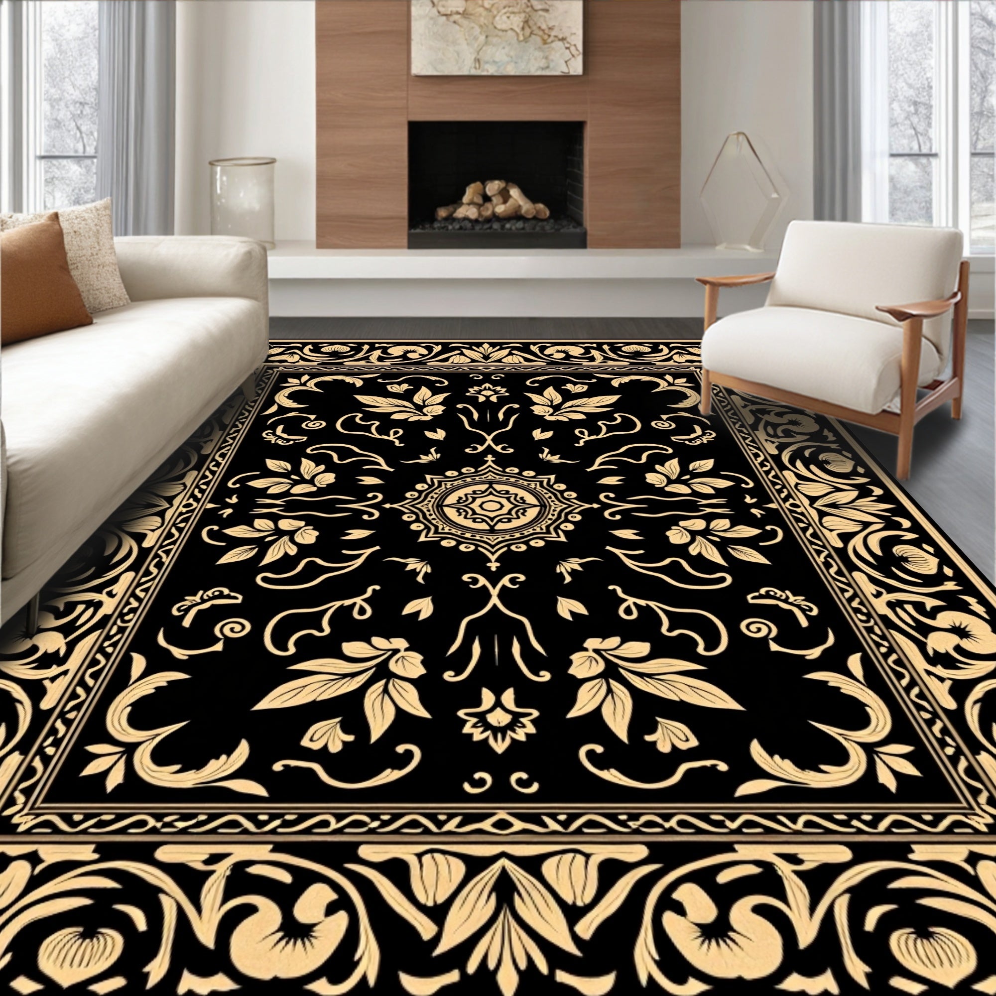 Elegant Black Gold Floral Pattern Rug