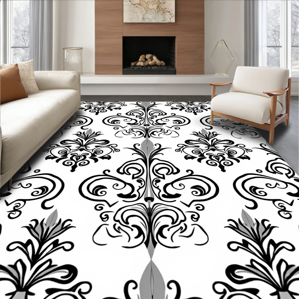 Classic Black and White Floral Damask Rug