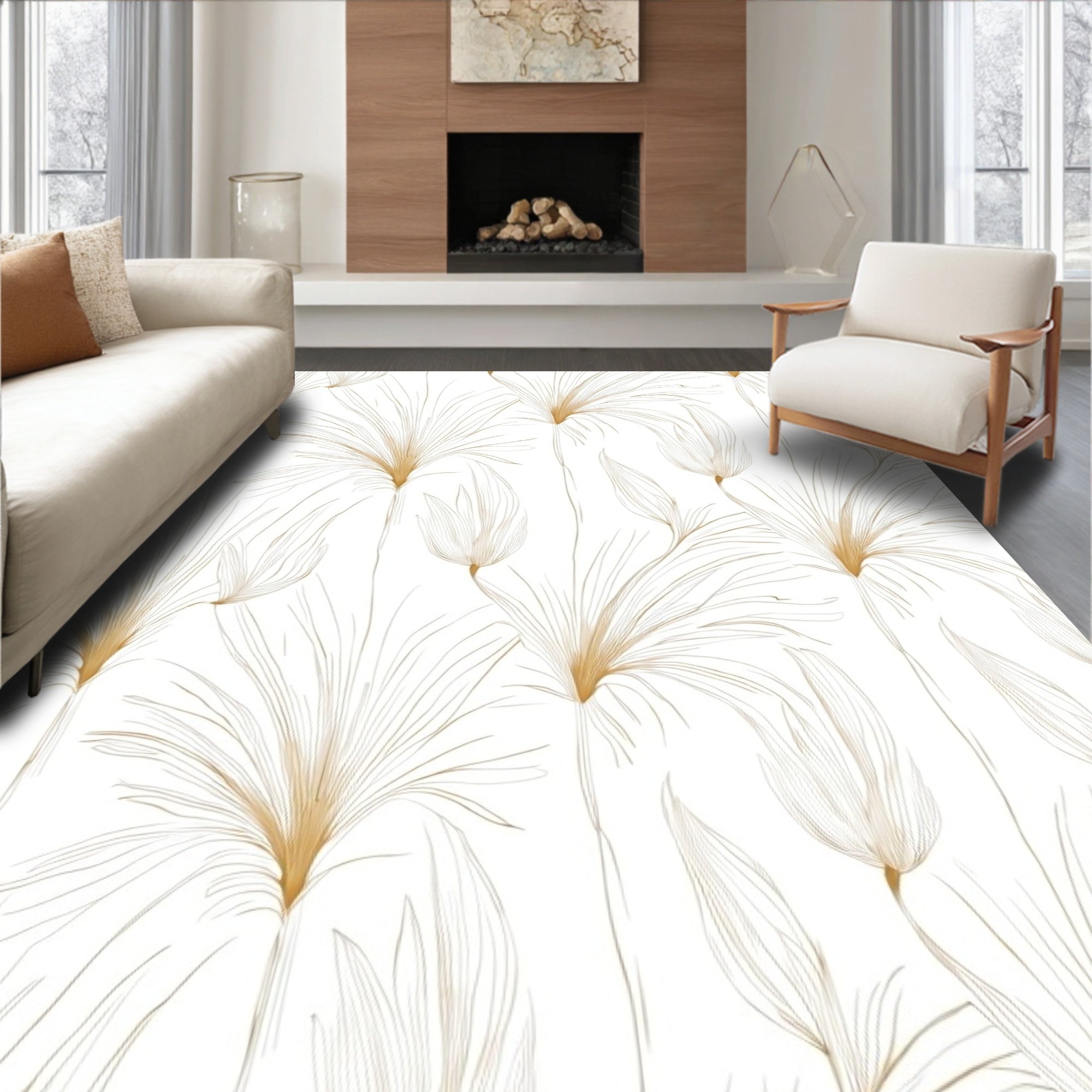 Elegant White Gold Feather Pattern Rug