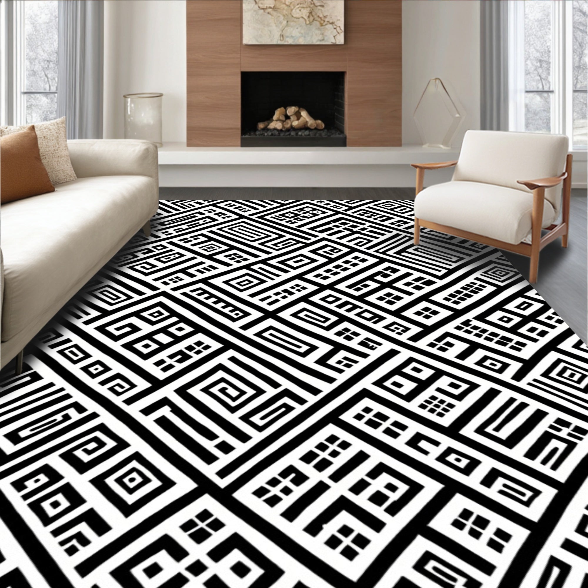 Black White Geometric Maze Pattern Rug