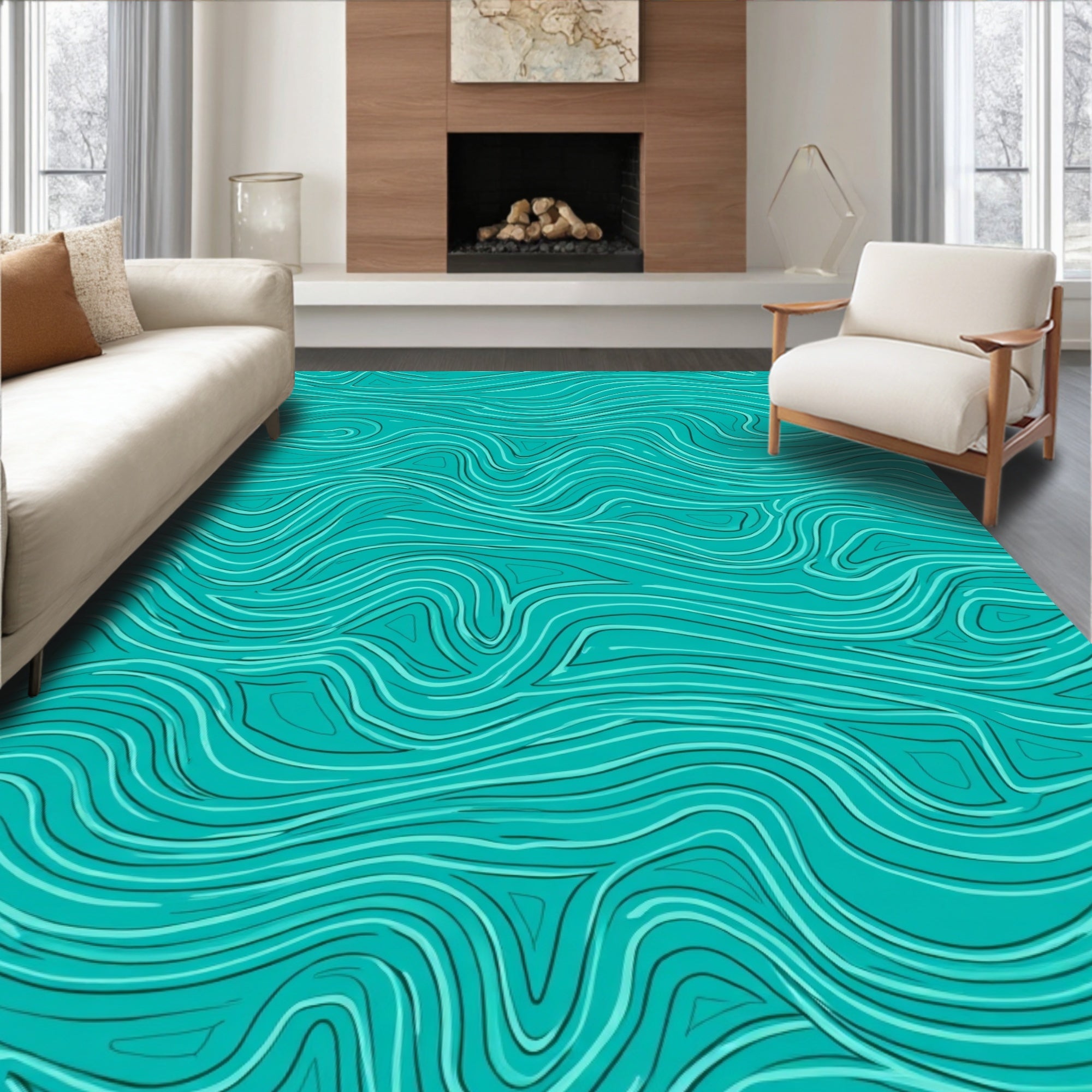 Oceanic Wavy Contour Pattern Rug
