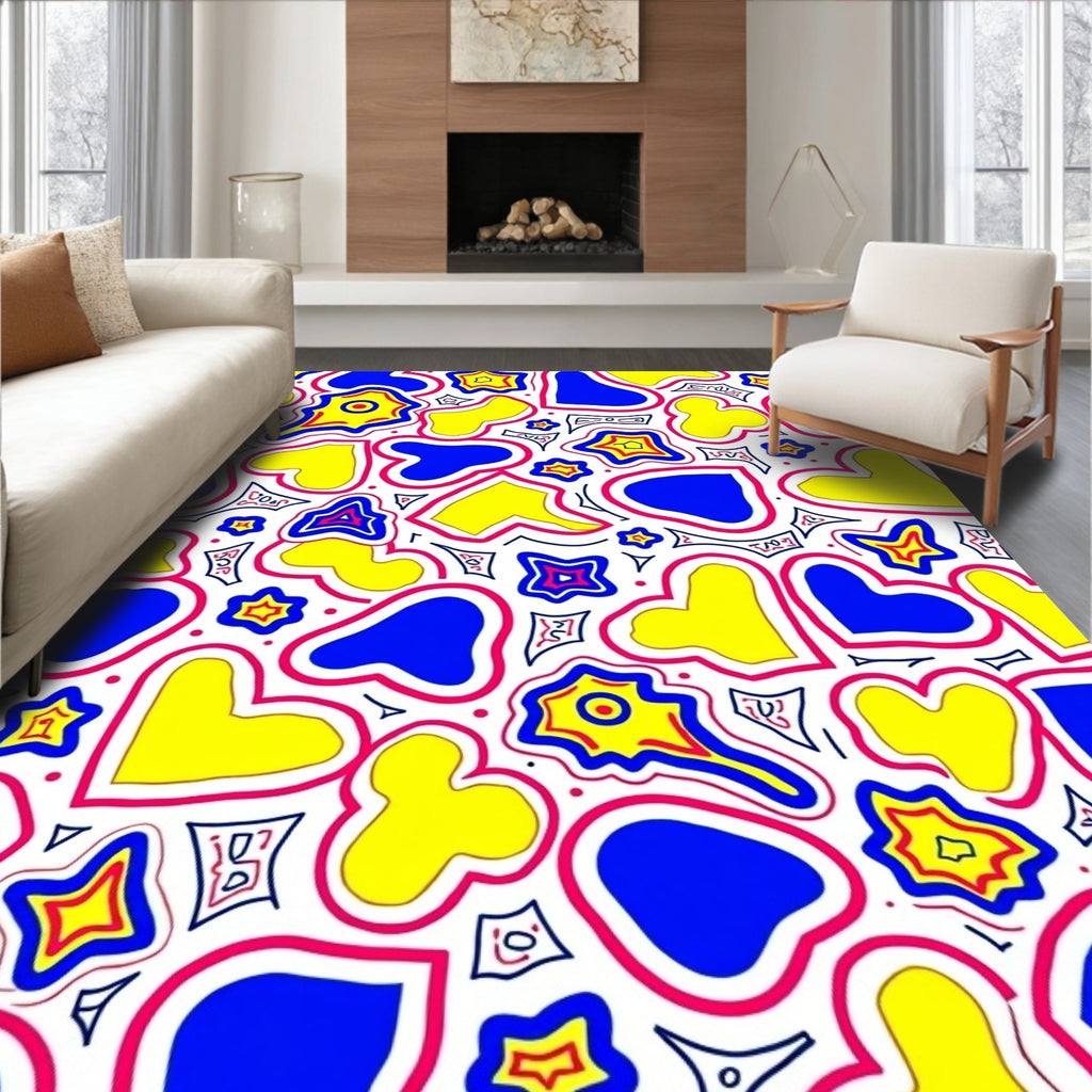 Abstract Blue Yellow Heart Pattern Rug