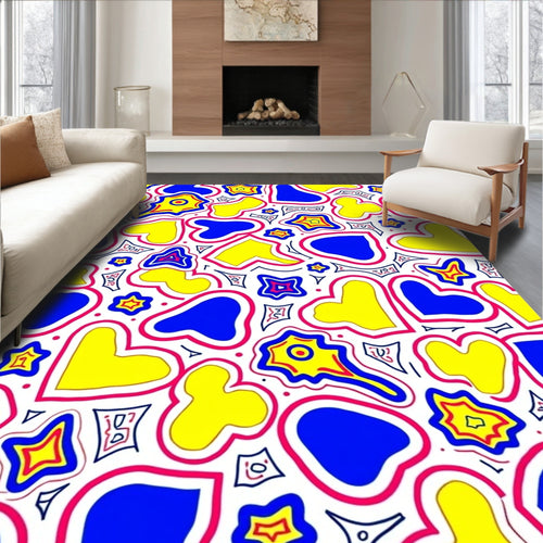Abstract Blue Yellow Heart Pattern Rug