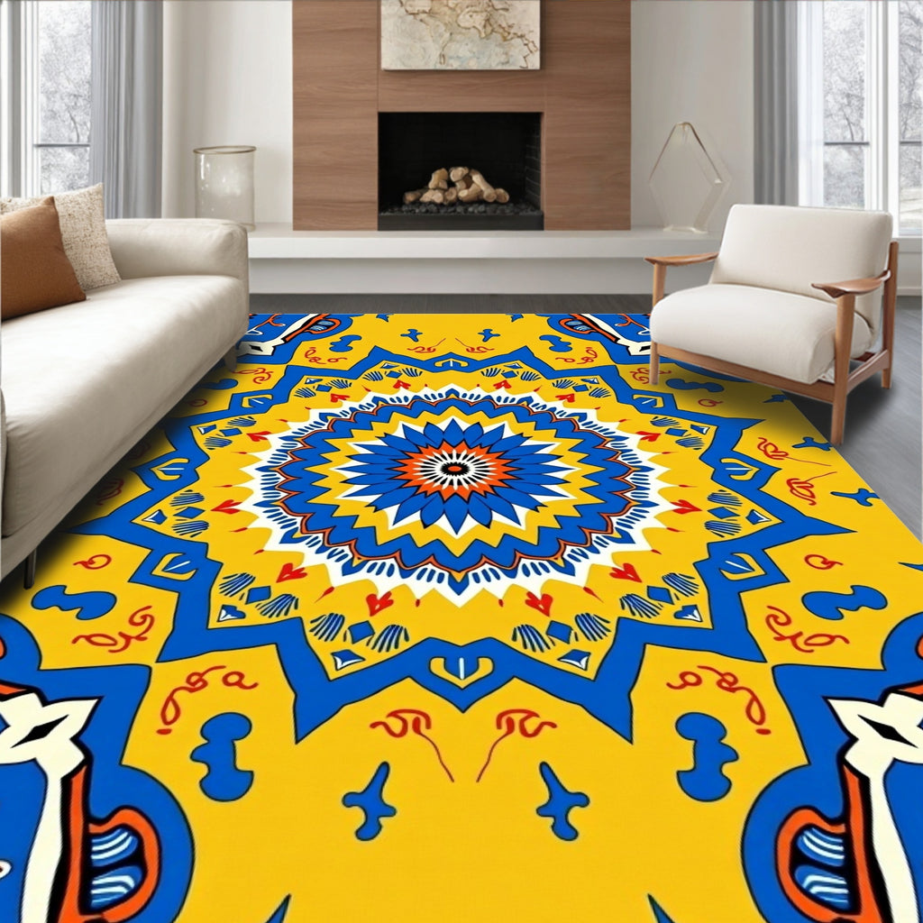 Vibrant Yellow Blue Floral Medallion Pattern Rug