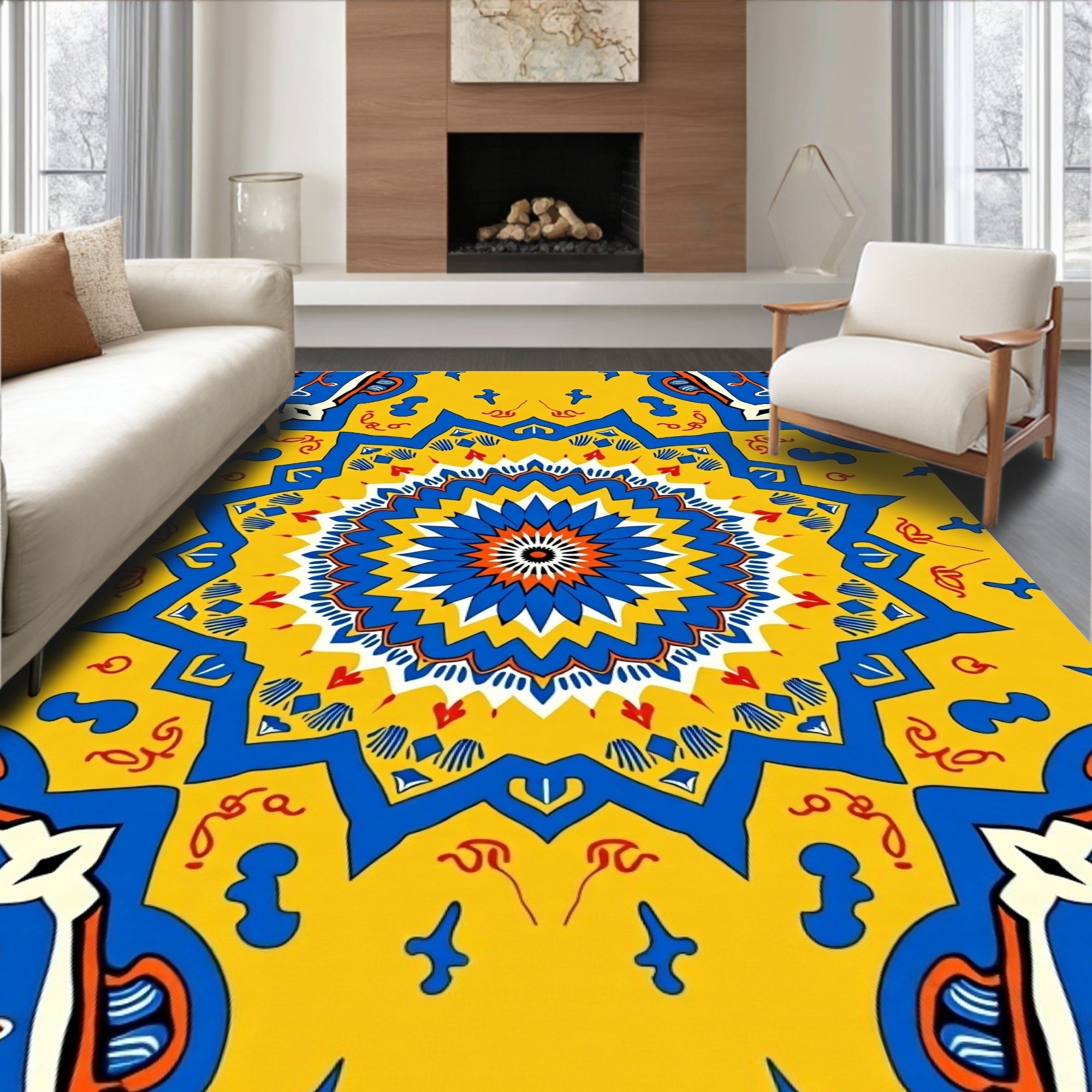 Vibrant Yellow Blue Floral Medallion Pattern Rug