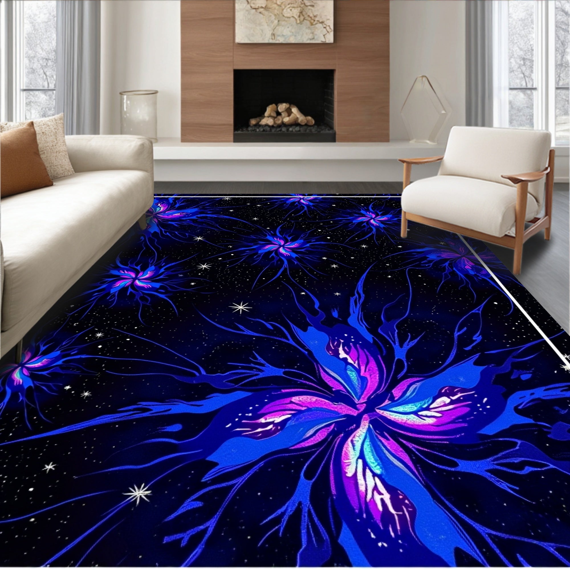 Vivid Blue Nebula Starburst Floral Rug