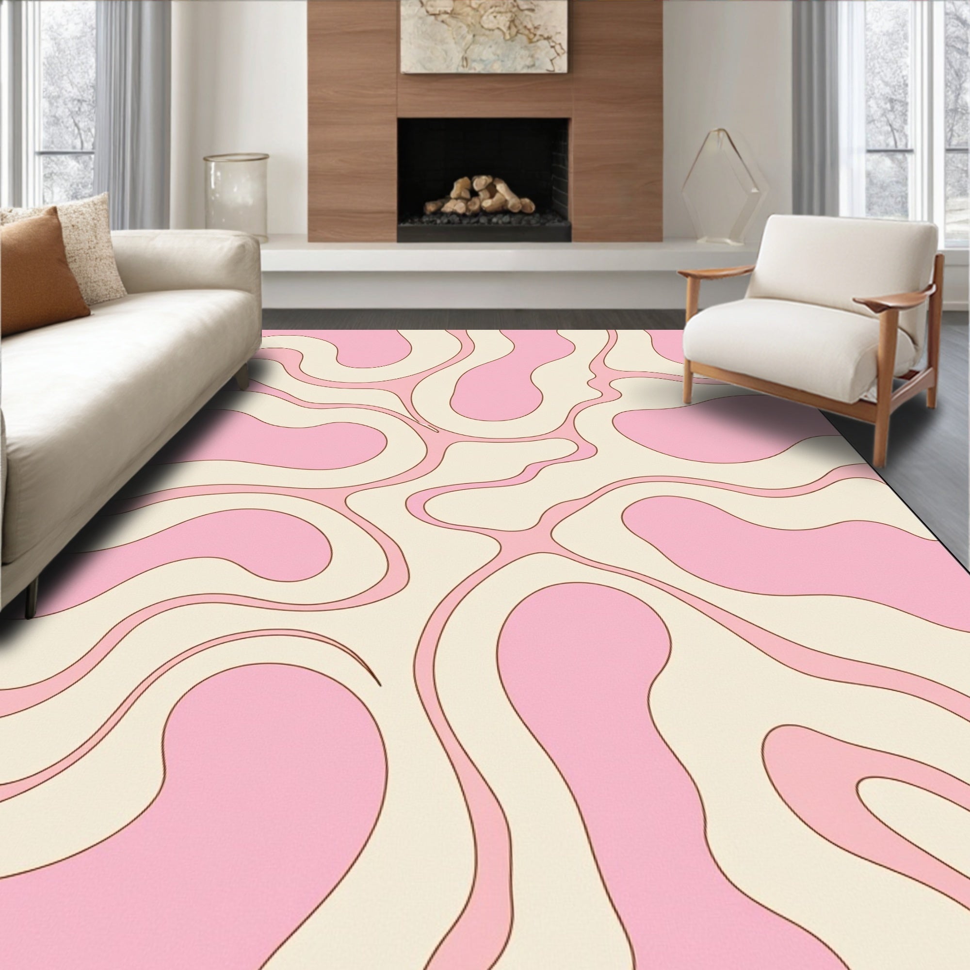 Retro Swirl Pink Cream Pattern Rug