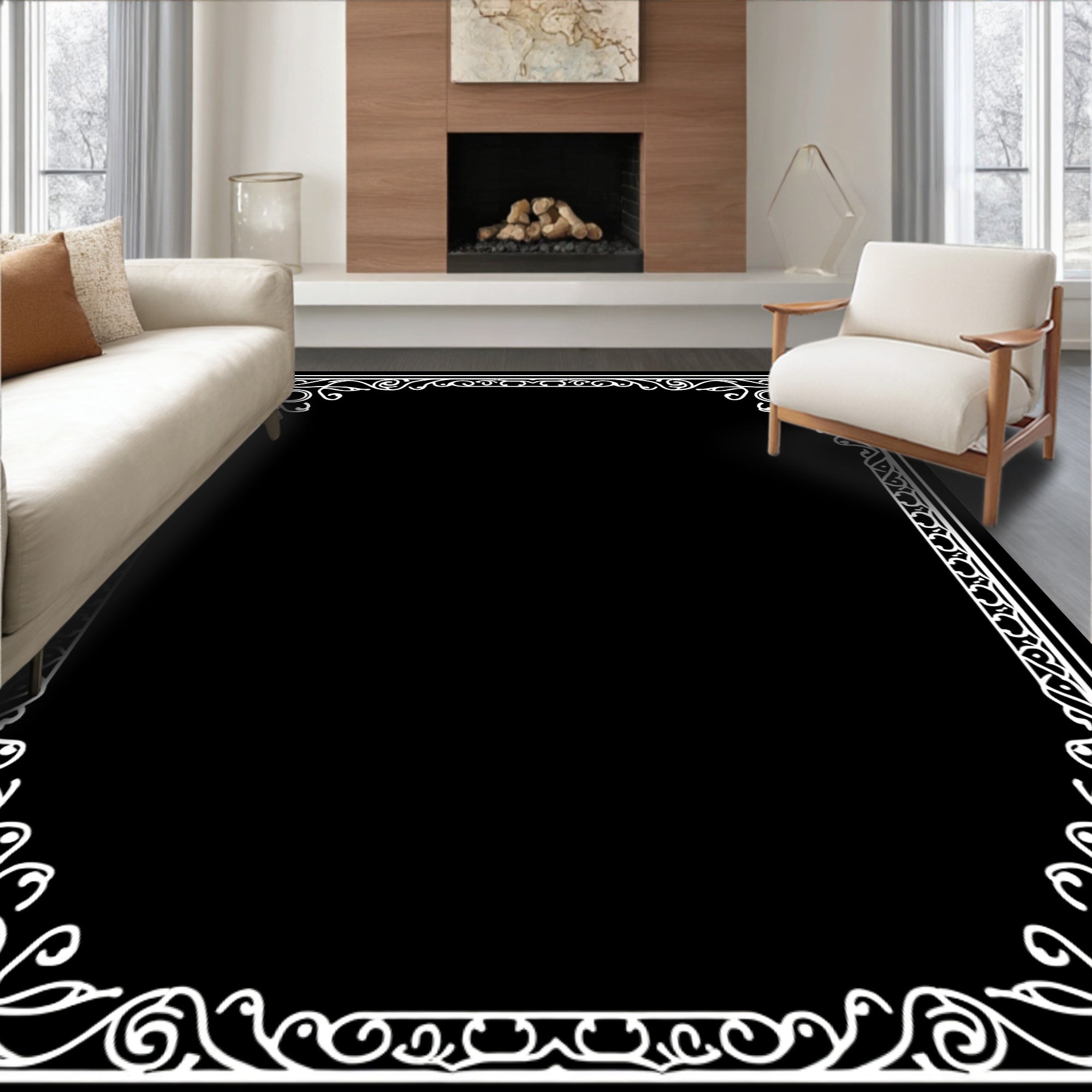 Ornate White Scroll Border Design Rug