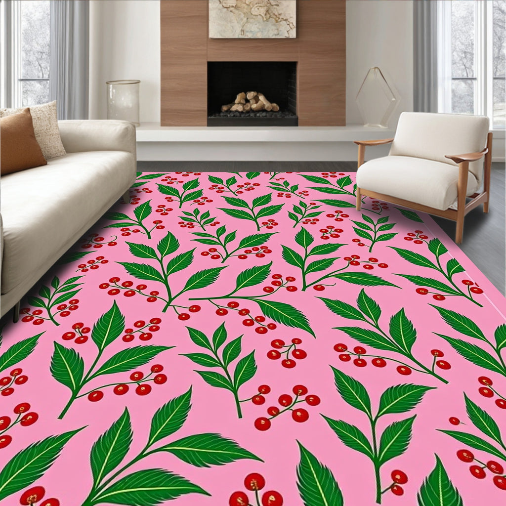 Pink Garden Berry Leaf Arrangement Rug