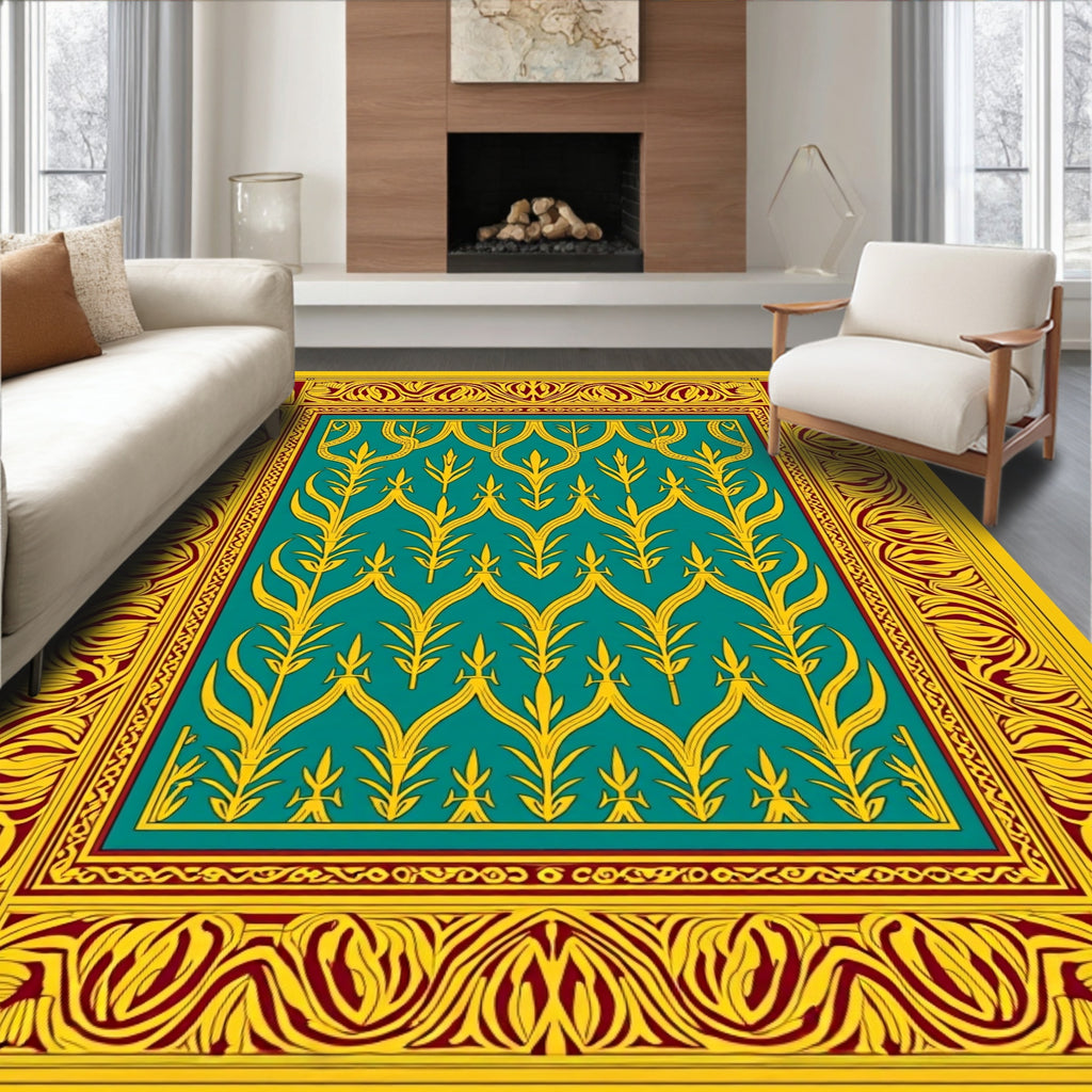 Golden Teal Floral Art Deco Rug