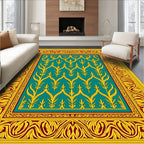Golden Teal Floral Art Deco Rug
