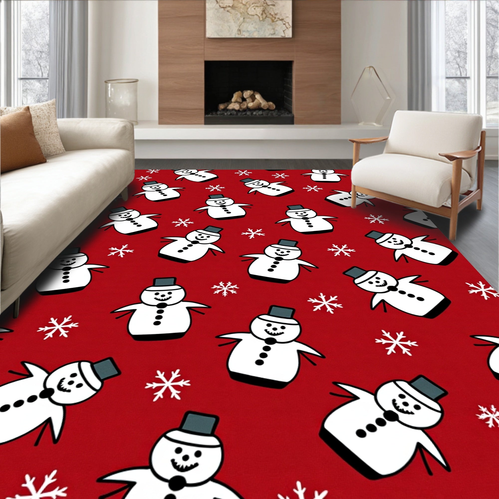 Red Snowman Snowflake Pattern Rug