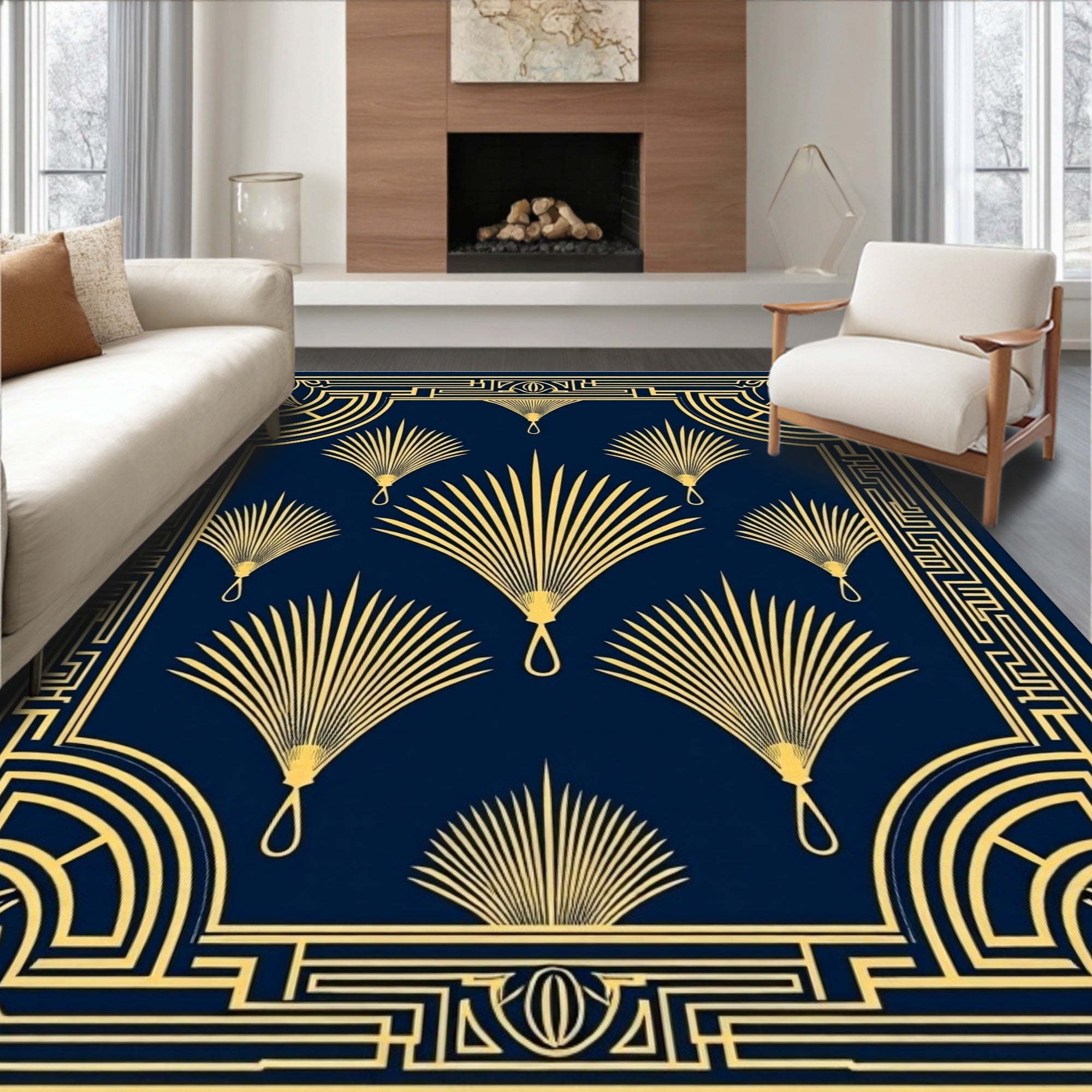 Art Deco Fan Pattern Navy Gold Rug