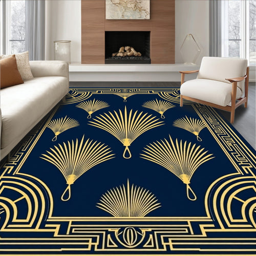Art Deco Fan Pattern Navy Gold Rug